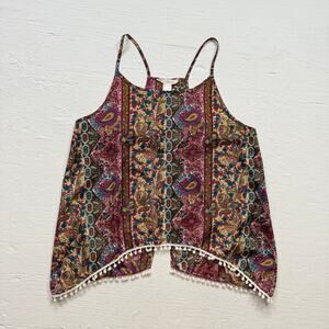Love Blossom Paisley Sheer Pom Trim Cami Tank Top, Size Large